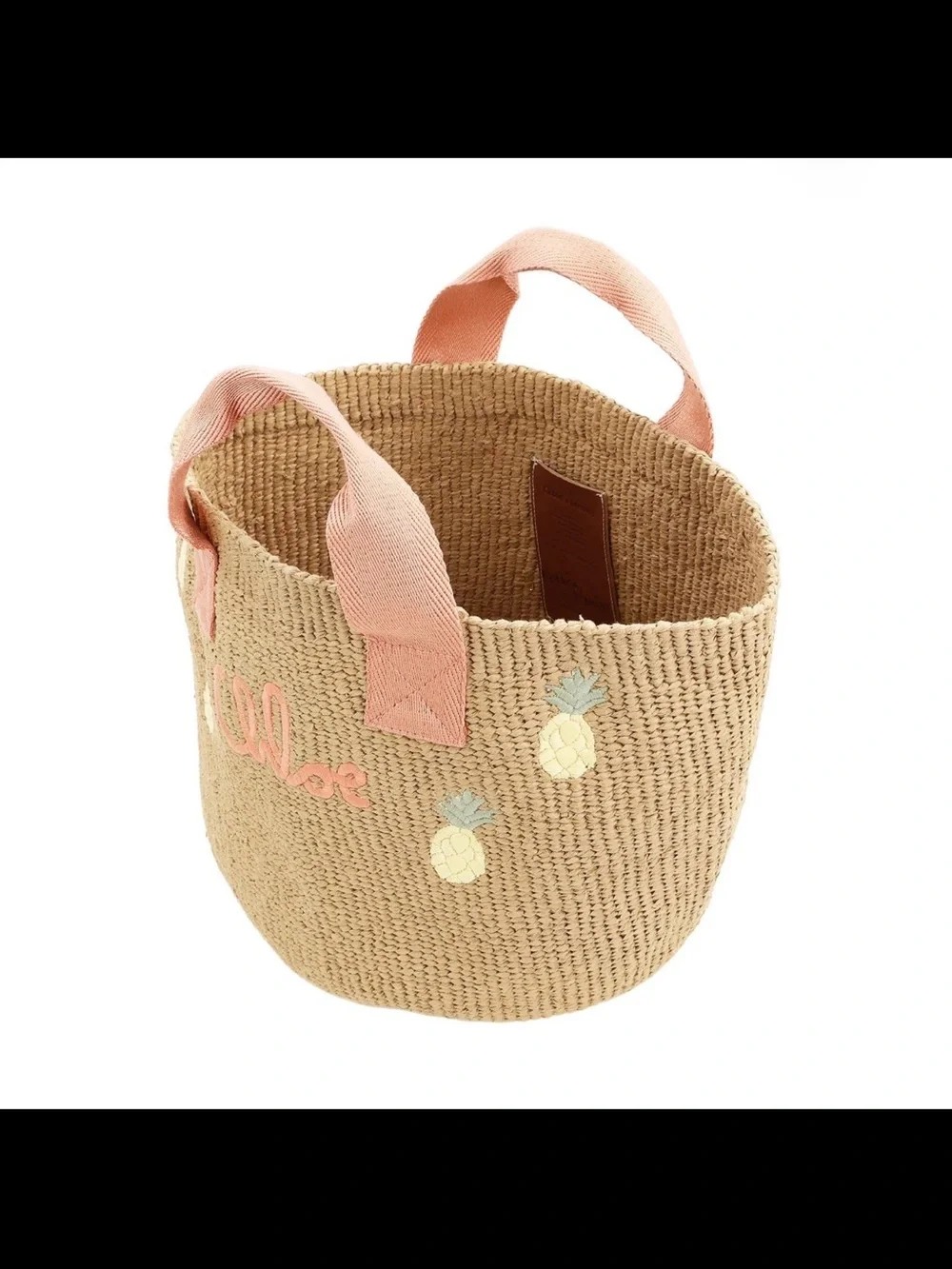Chloe Woven Straw Tote with Pink Handles and Pineapple Motif